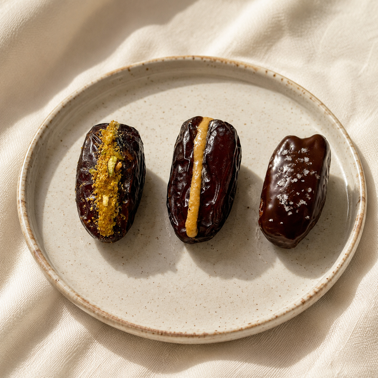 Three Tamrah dates hand-filled with nut butters, on a ceramic plate